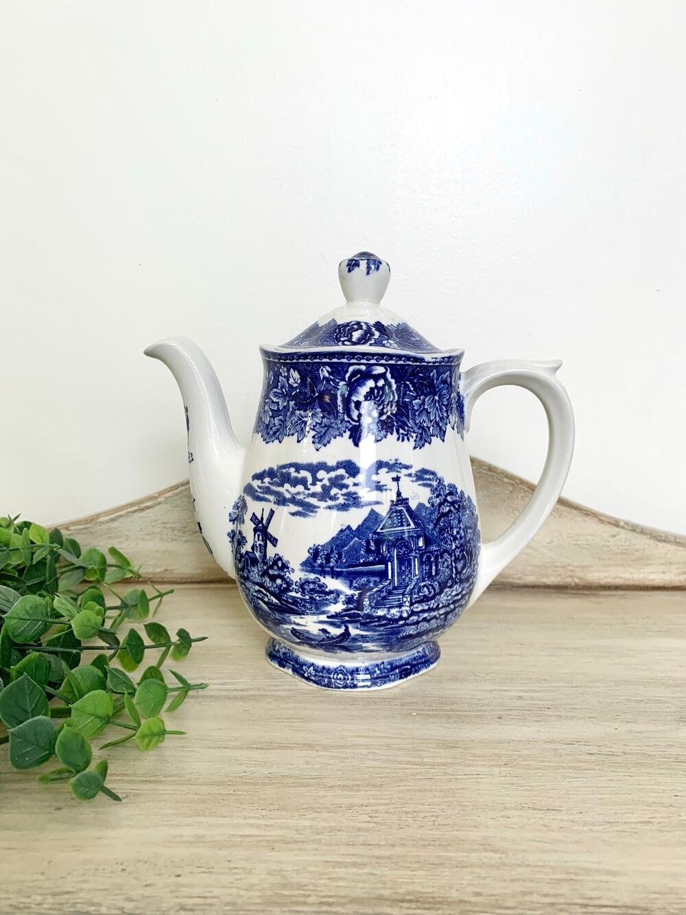 Vintage Arabia Finland Teapot Blue White Transferware Landscape Cottagecore